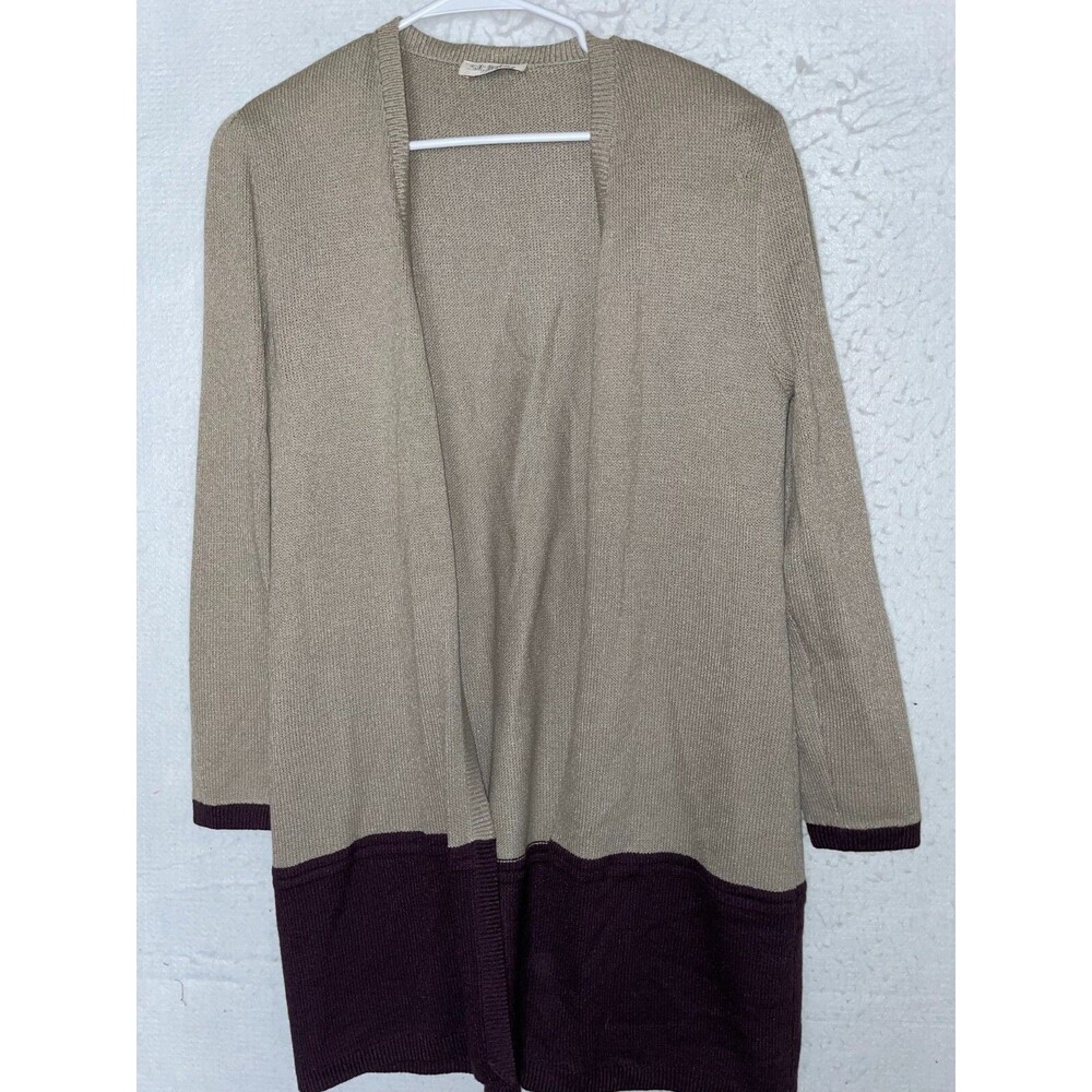 Vtg St. John by Mary Gray Long Sleeve Open front Knit beige purple silk Cardigan